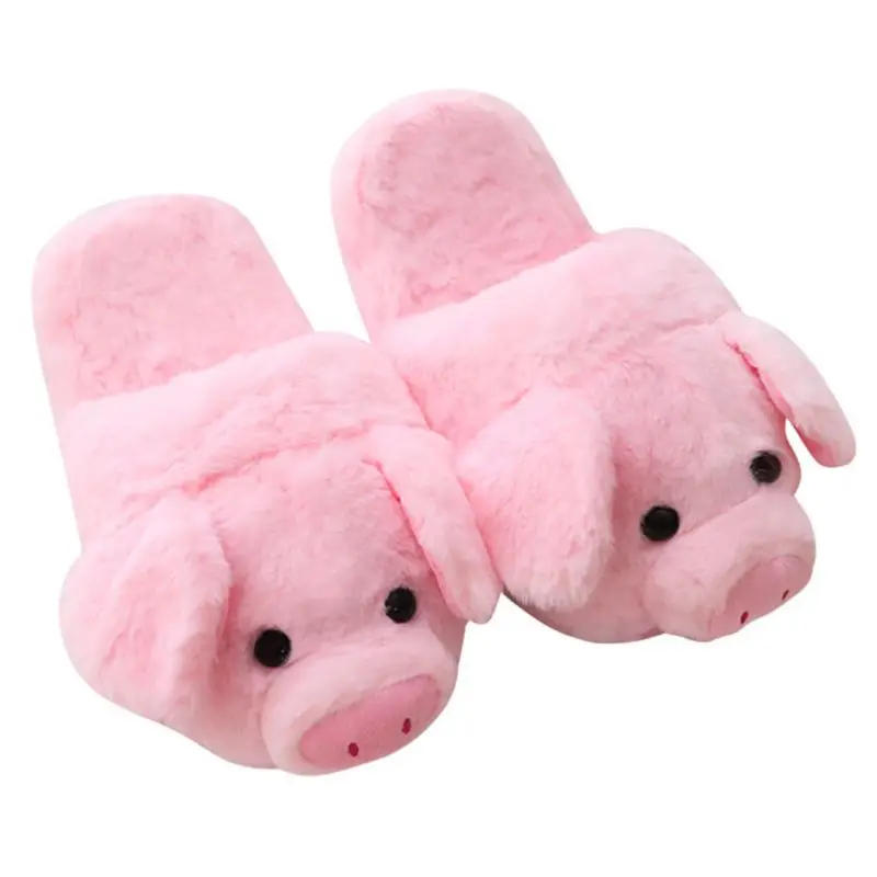 Women Winter Cute Pink Pig Animal Cartoon Plush Slippers Non-Slip Furry Shoes