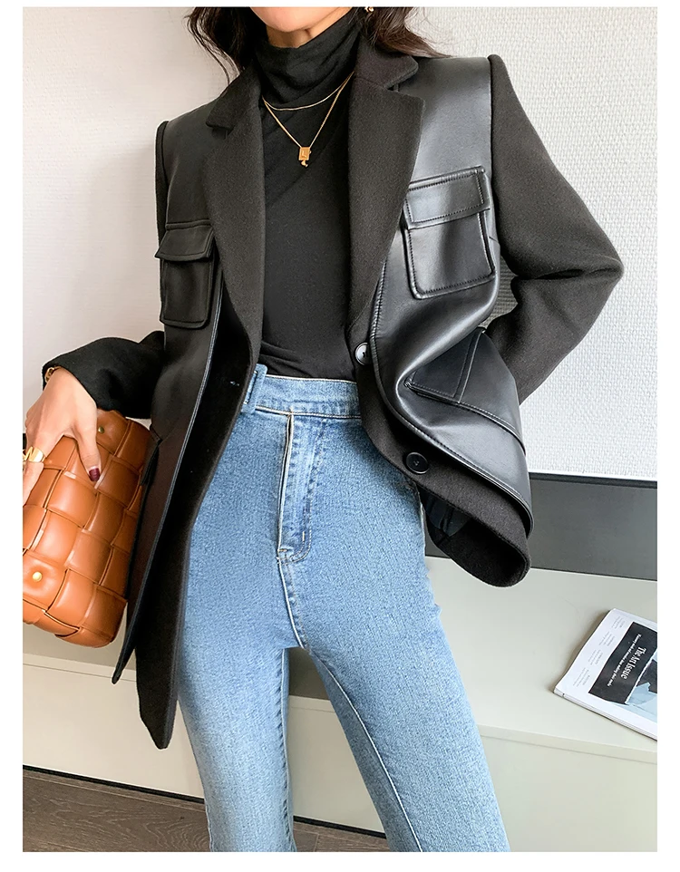 Nerazzurri Autumn Black Wool Blends Patchwork Leather Jacket Women with Many Pockets Long Sleeve Korean Fashion Streetwear 2022