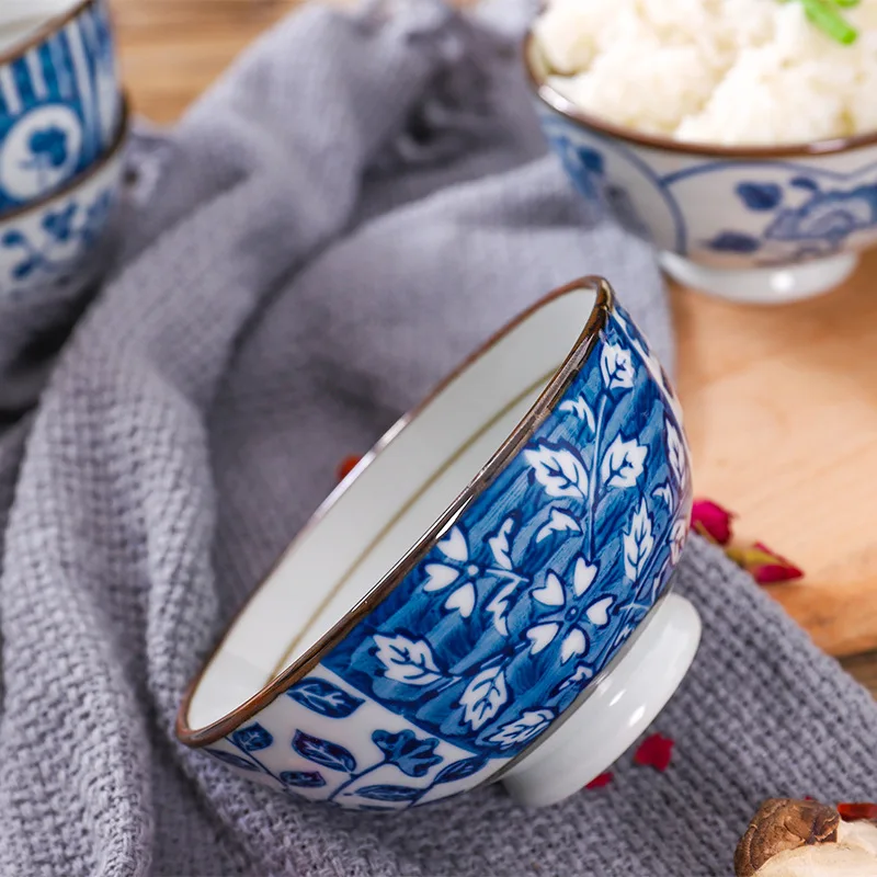 Set of 5pcs Ceramic Bowl Japanese Rice Bowl Blue Porcelain Oatmeal Bowl Dinnerware Set 4.5 inch