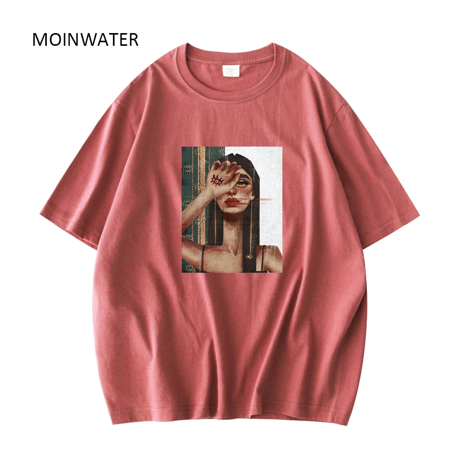 MOINWATER 2021 New Abstract Print T-shirts for Women Khaki Green Cotton Short Sleeve Summer Tops Lady Oversized Tees MT21039