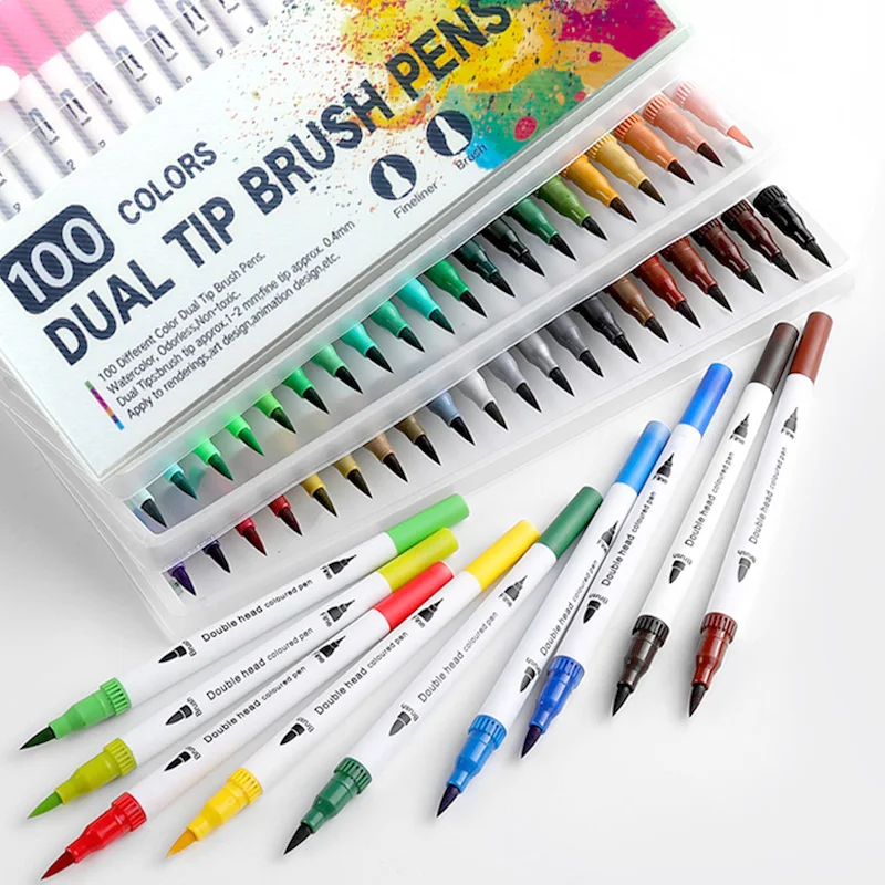 100 Uds pincel de Punta doble de colores bolígrafos marcadores pintados a mano acuarela artística Fineliner pintura de dibujo Papelería para Manga