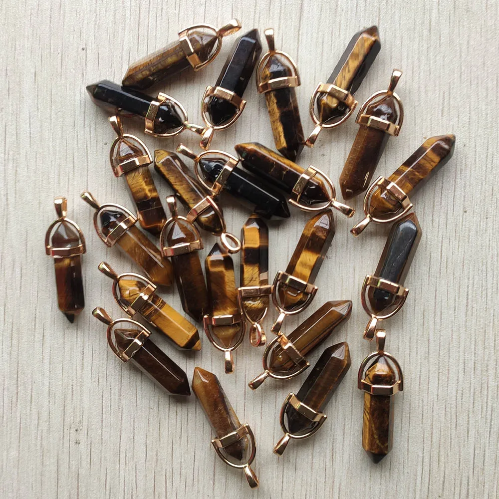 Natural tiger eye stone gold color alloy Good quality pillar crystal pendants for jewelry making free shipping Wholesale 24pcs