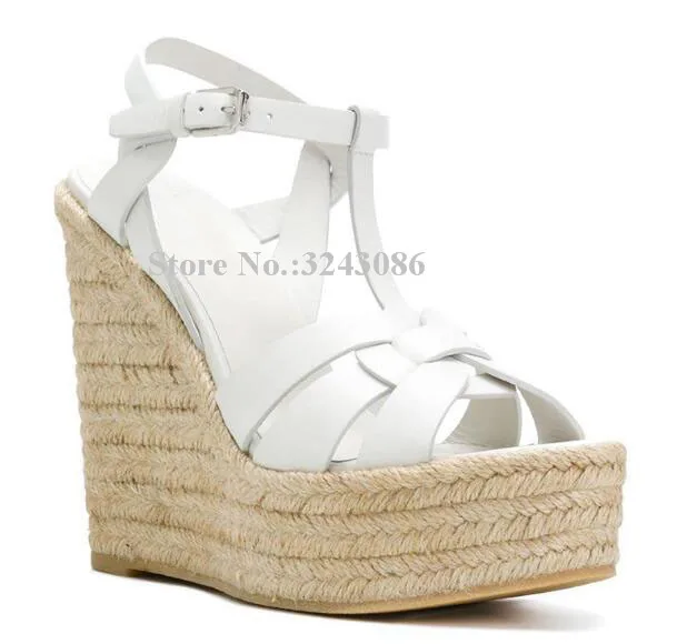 New Lady Platform Wedge Sandals Sexy Brown Black White Color Wedge Shoes Fashion Handmade Hemp Rope Summer Shoes Dropship