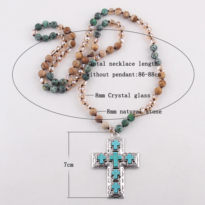 RH Fashion Bohemian Jewelry Accessory Multi Natural Stones Knotted Metal Blue Cross Necklace Women Boho Gift Dropship