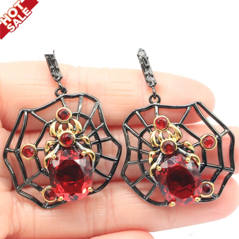 

47x33mm Unique Handmade 13.5g Pendant Spider For Men Created Orange Spessartine Garnet Black Gold Hiphop Earrings Jewelry Set