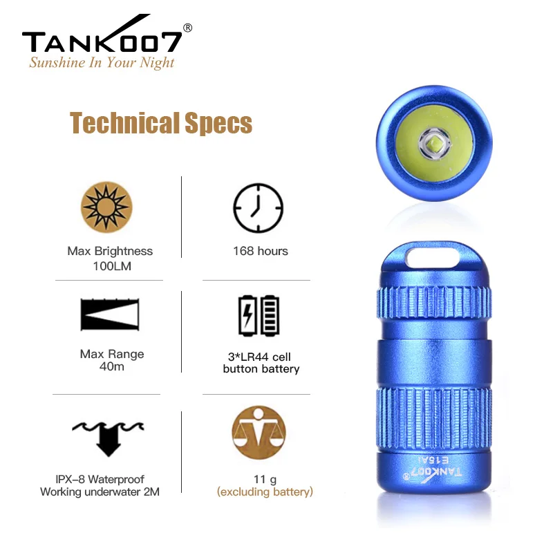 TANK007 Outdoor EDC Keychain Flashlight Mini 3W LED 100 Lumens Torch Waterproof 3 Button Cell Battery lightweight Portable