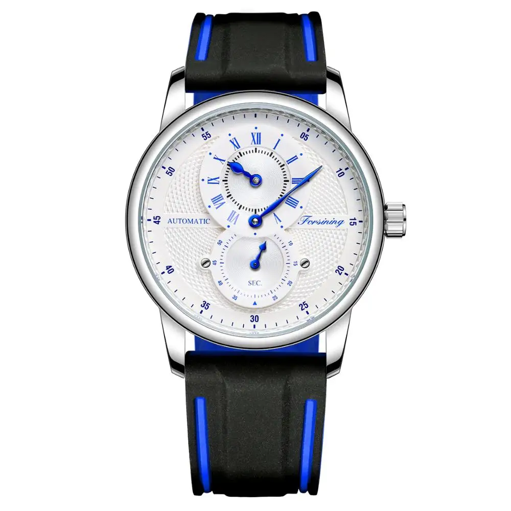 Men Wristwatch Blue White Dial Automatic Transparent Mechanical Watch Silicone Rubber Band Male Sport Clock Relogio Masculino