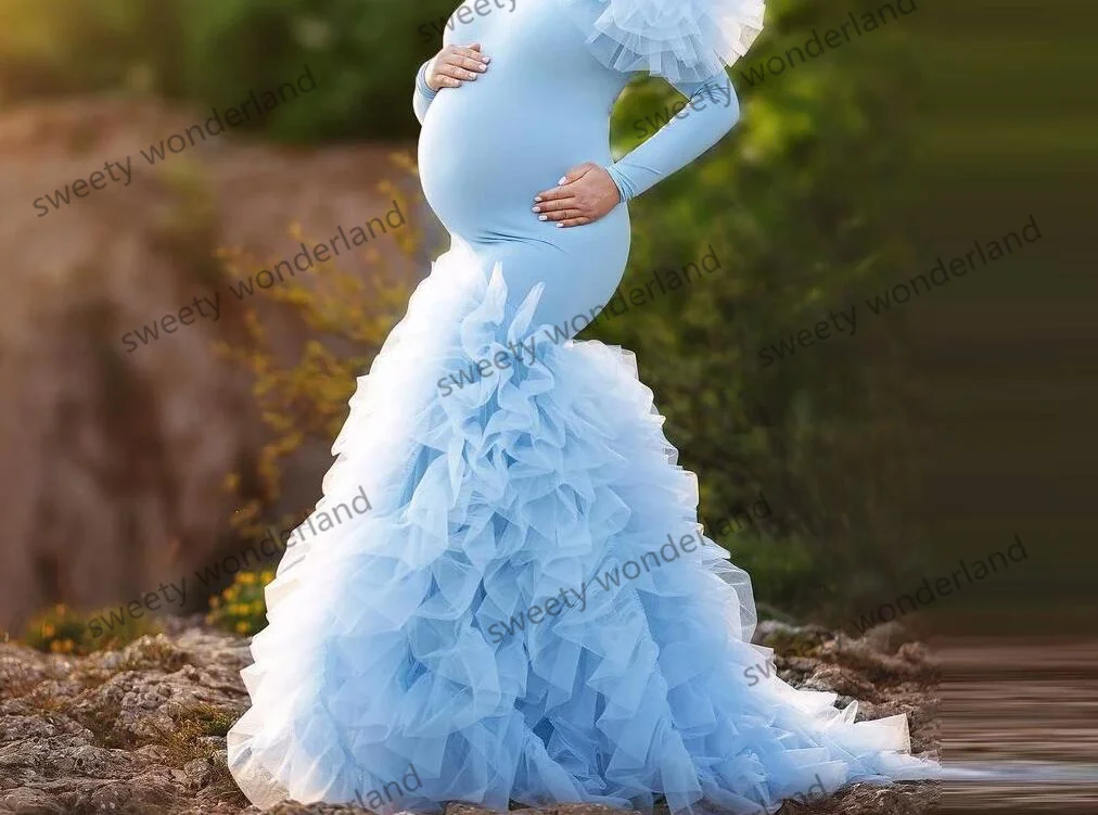 Sky Blue Mermaid Prom Dresses with Ruffles Maternity Robes for Photo Shoot Elegant Long Evening Gowns