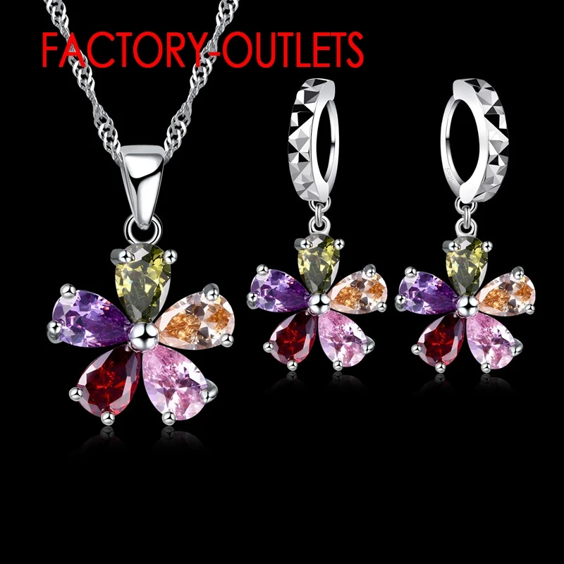 Pendant Necklace Hoop Earrings Ring Jewelry Set 925 Sterling Silver Austrian Colourful Crystal Lovers\' Gift For Anniversary