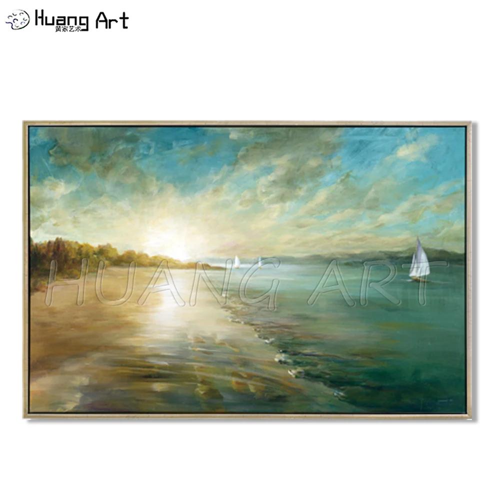 

Hand-Painted High Quality Modern Blue Sky Seascape Canvas Oil Painting for Living Room Decor Sunrise Beach Landscape Painting