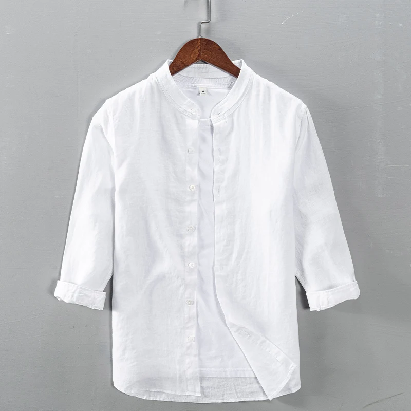 

100% Linen three-quarter sleeve stand collr white shirt men casual brand shirts men trendy breathable summer tops mens chemise