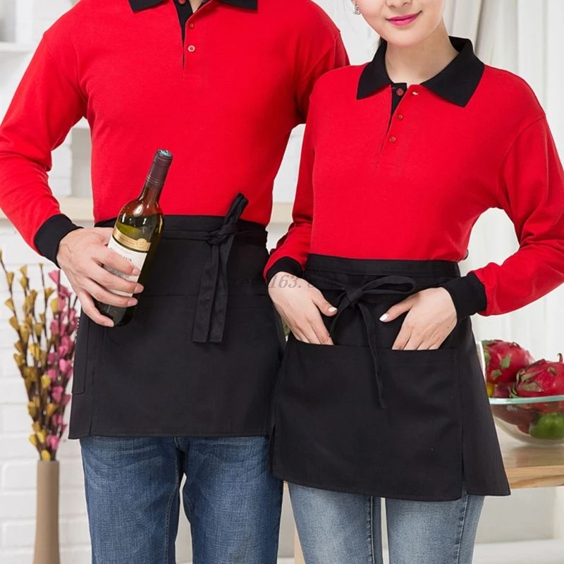 Men Women Kitchen Restaurant Waist Apron Solid Color Half Short Apron Adjusted With Pockets Pen Loops for Server Waiter Waitress