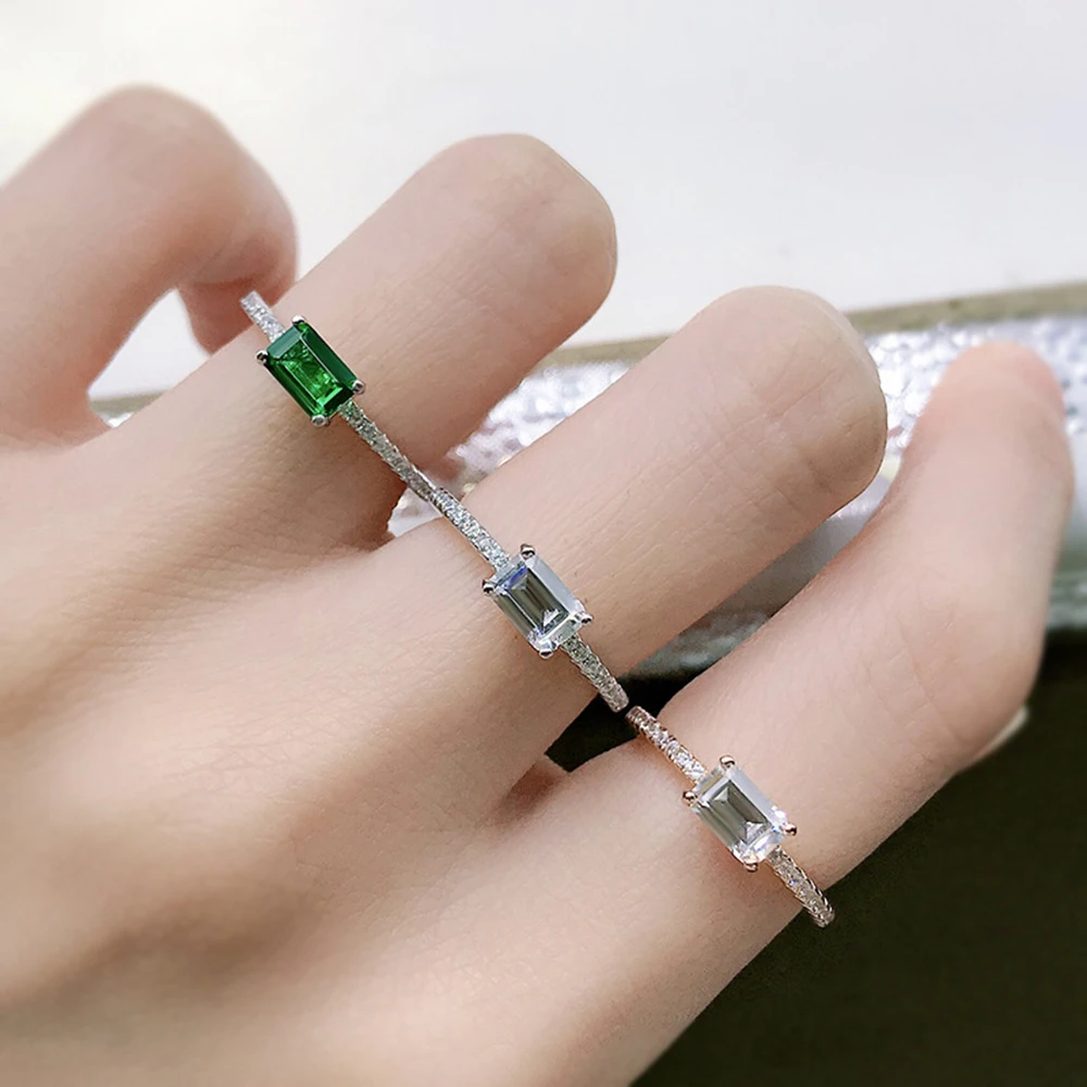 

Solid 925 Sterling Silver Ring with 4x6mm Green/White Rectangle Zircon Thick Rhodium/Rose Gold Plated Elegant Fine Jewelry