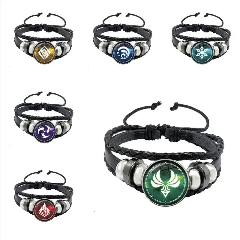 Genshin Impact Leather Bracelet Eye of God Water Wind Thunder Fire Rock Ice Element Snap Button Bracelets Bangle Cosplay Jewelry