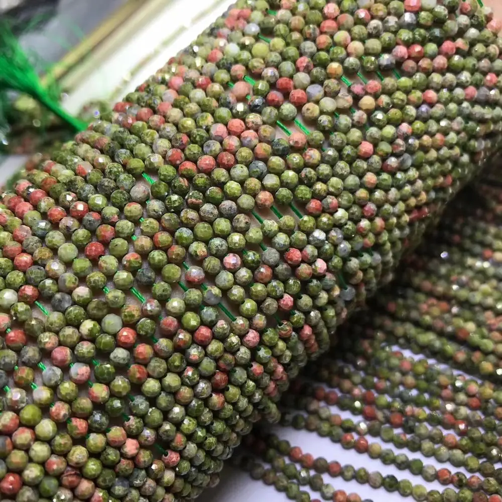 Unakite agate green round faceted 3/4mm nature for making jewelry necklace 38CM FPPJ wholesale loose beads