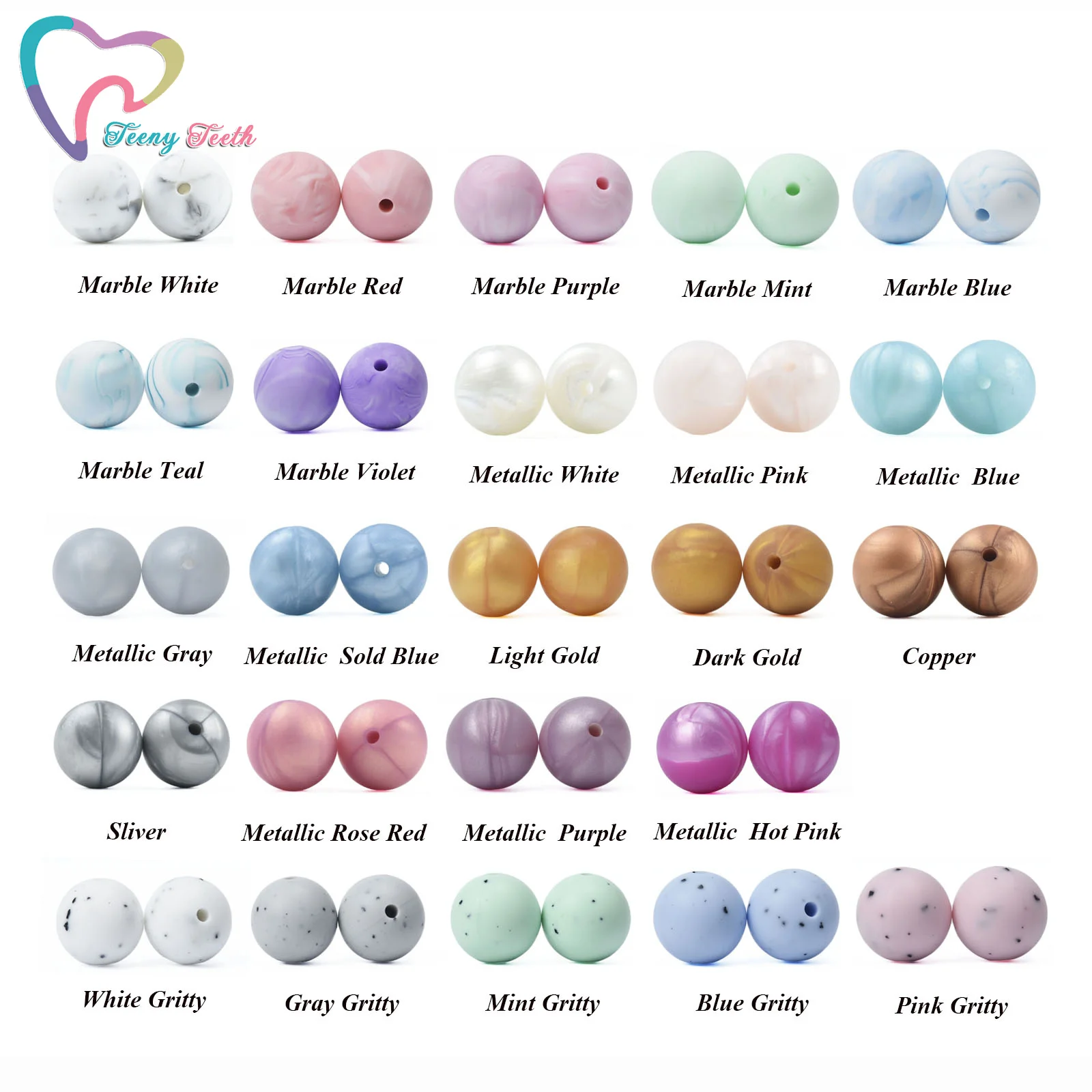 100 PCS 12-15 MM Metallic & Marble Mix Round Silicone Beads Baby Chewable Teething Toys Accessories DIY Necklace Jewelry Making