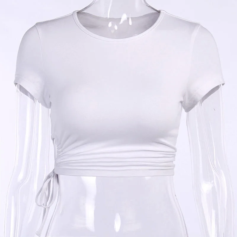 White T shirt Crop Tops Women Summer Short Sleeve Solid Round Neck Short Tee Top Drawstring Slim Fashion Female Shirts