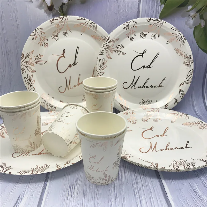 Rosegold Eid Mubarak Disposable Tableware Paper Plates Cups Napkins Banner Ramadan Kareem Islam Party Eid Al-Fitr Home Supplies