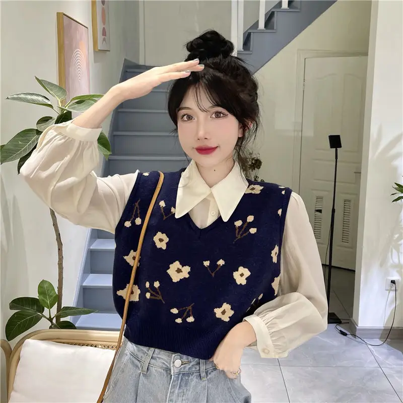 Sweater Vests Women Retro All-match Girls Flower Cropped Tops Outwear V-neck Sleeveless Fashion Ulzzang Chic Streetwear Knitted