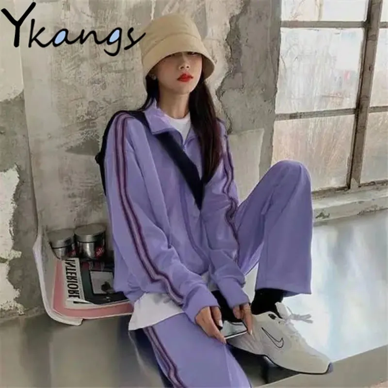 

2021 Purple Zipper Loose Women Knitted Jacket Autumn New Drawstring Cropped Pants Outdoor All-match Ladies Sports Two-piece Suit