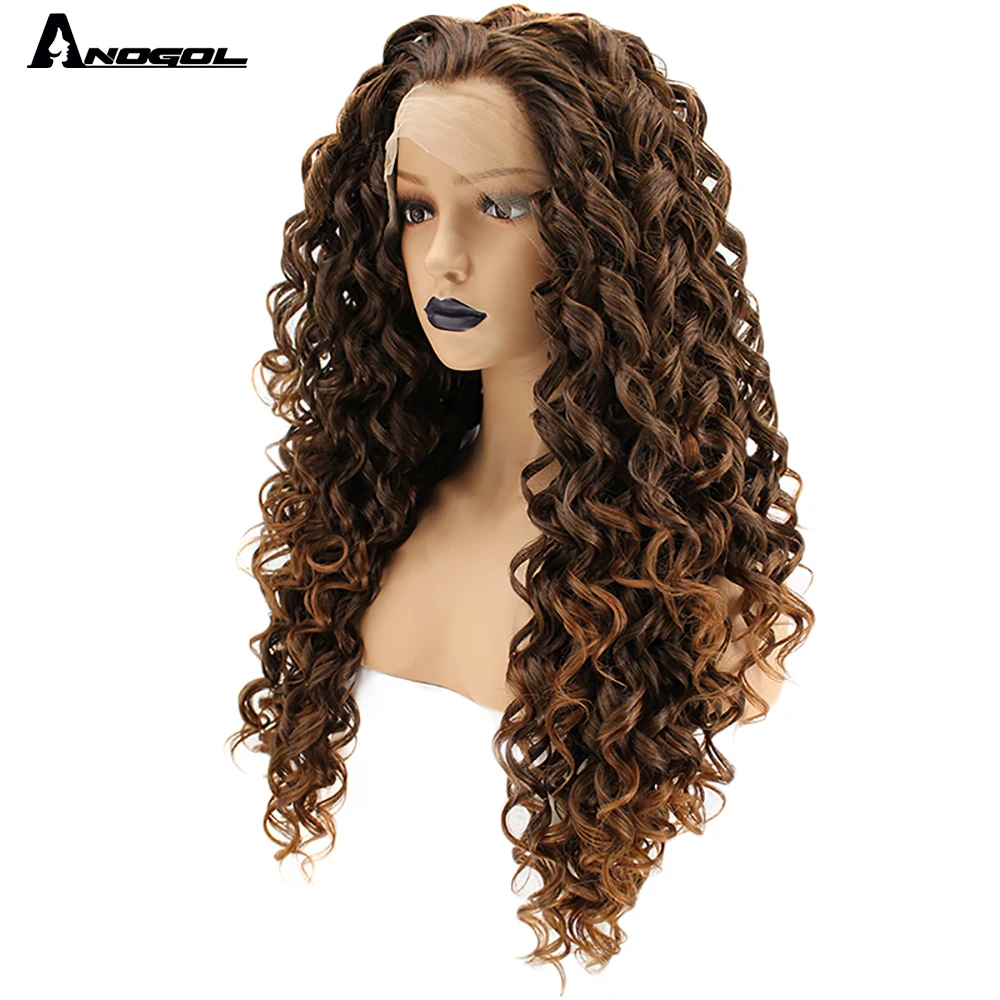 Anogol High Temperature Fiber Free Part Long Kinky Curly Brown Blonde Ombre Synthetic Lace Front Wig For White Women