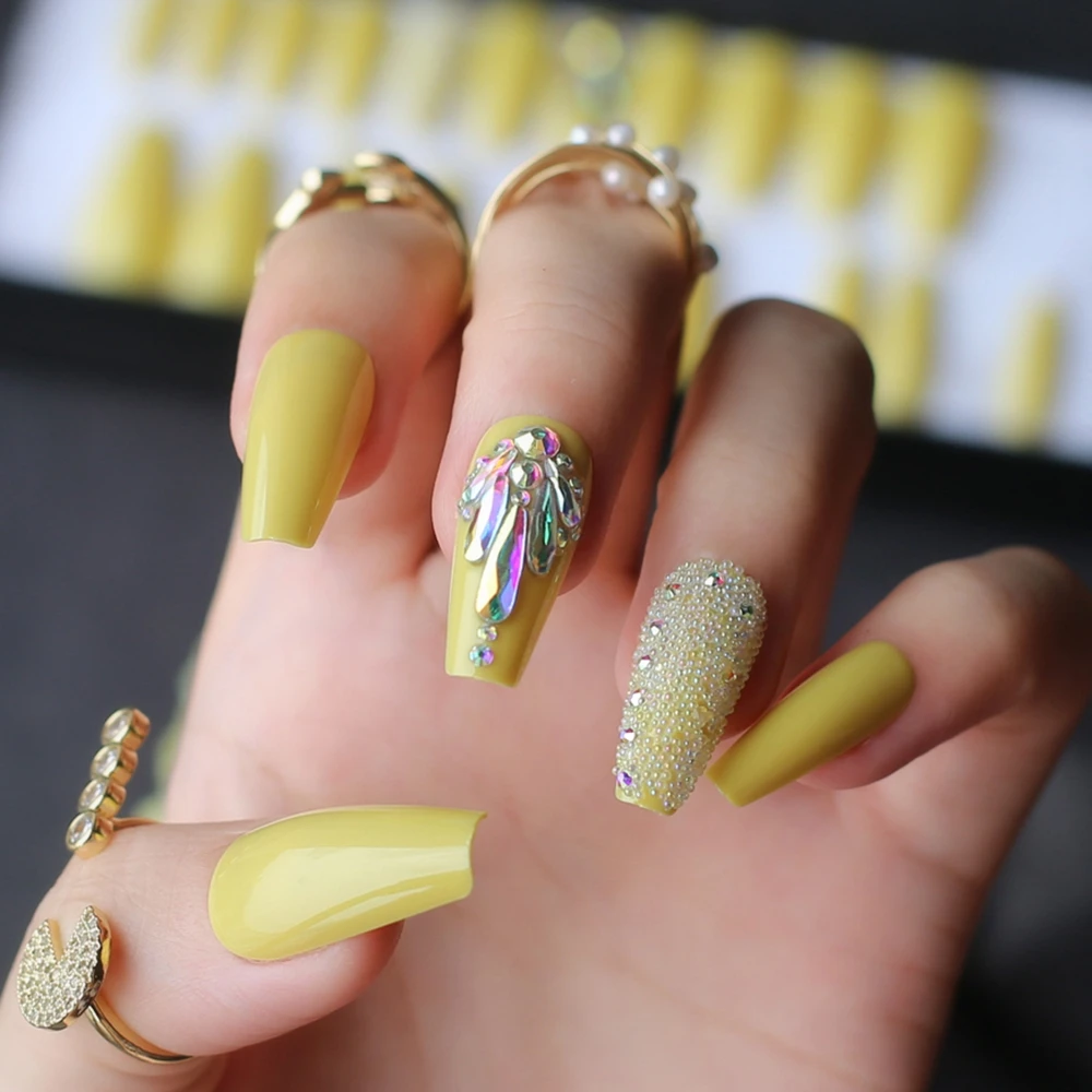 Lemon Yellow Ballet False nails Cute summer Fake nails coffin rainbow noble diamond press on nails Adhesive tabs sticker