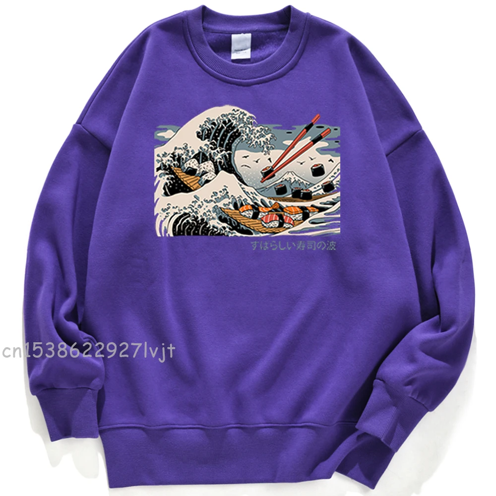 A grande onda de sushi imprime hoodie feminino engraçado crewneck pulôver com capuz novo solto velo roupas moletom de lã bonito feminino