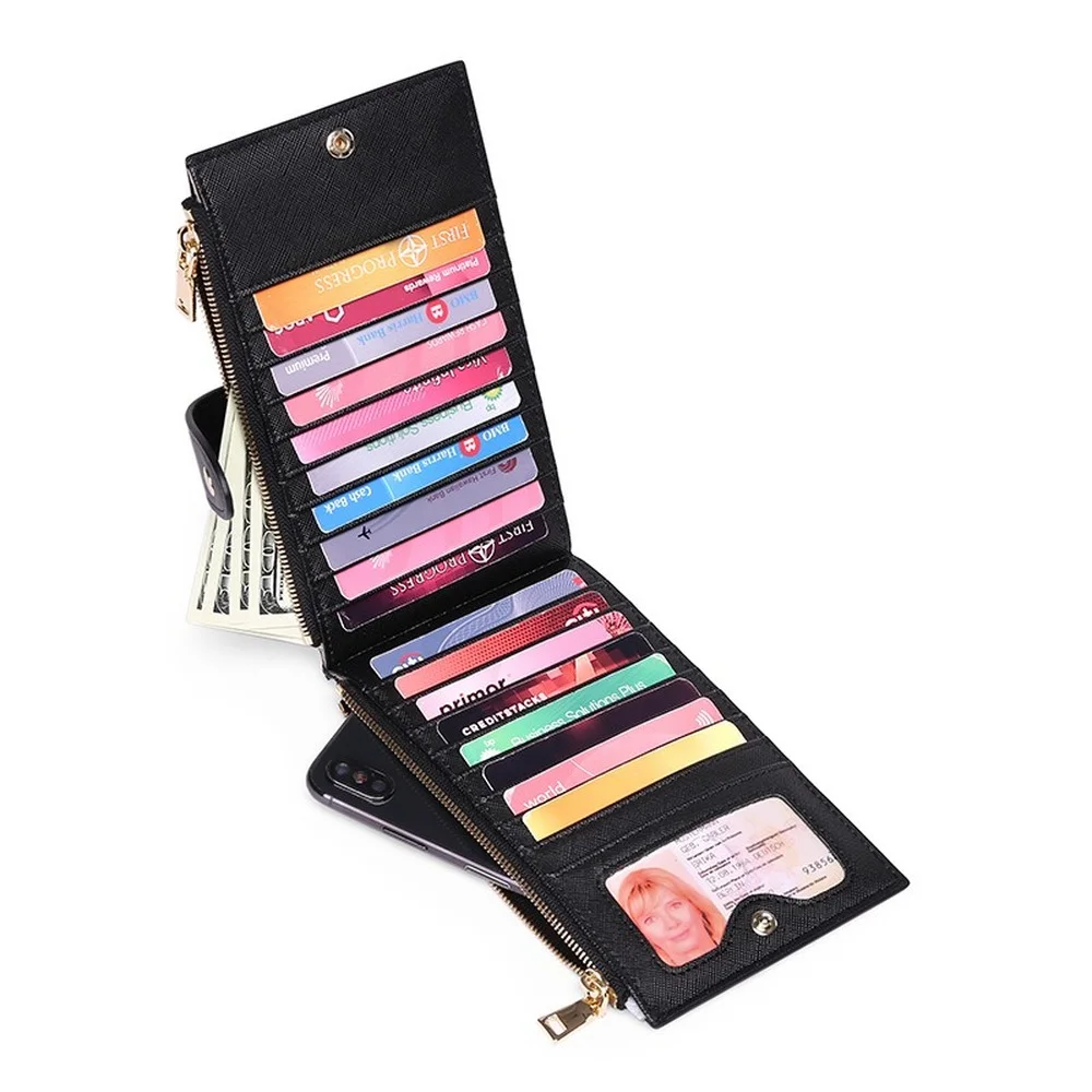 Women's Card Holder Multifunctional RFID Protection Two-way Folding High Quality PU Leather Cross Pattern Pocket Wallet