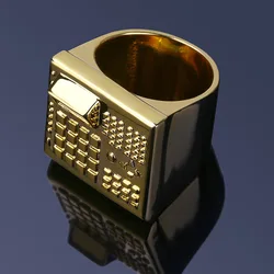 GUCY New Arrival Hip Hop Fashion Gold Color Plated Micro Pave Cubic Zircon Ring Full Iced Out Bling Rock Jewelry For Men