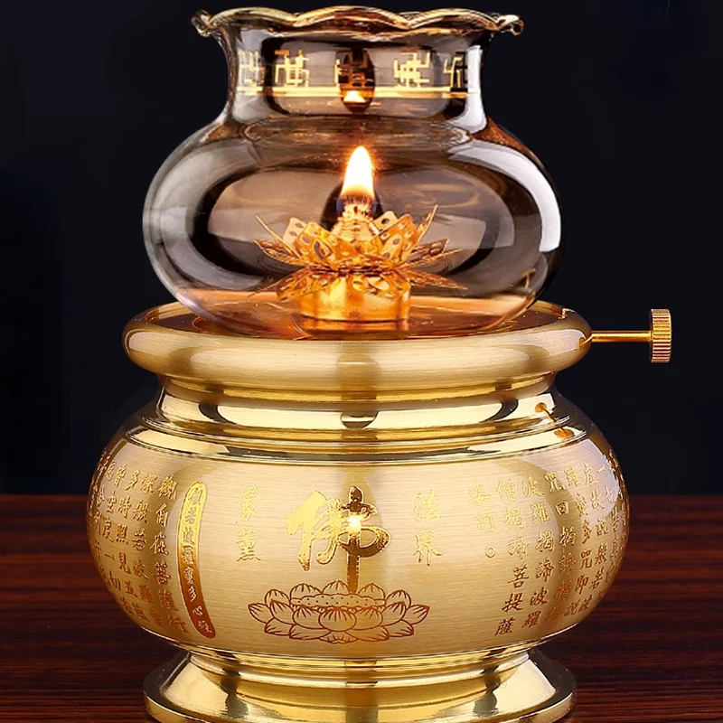 

Pure Copper Household Heart Sutra Lotus Su Oil Lamp Buddha Hall Liquid Butter Lamp Windproof Offering for Buddha Pilot Lamp