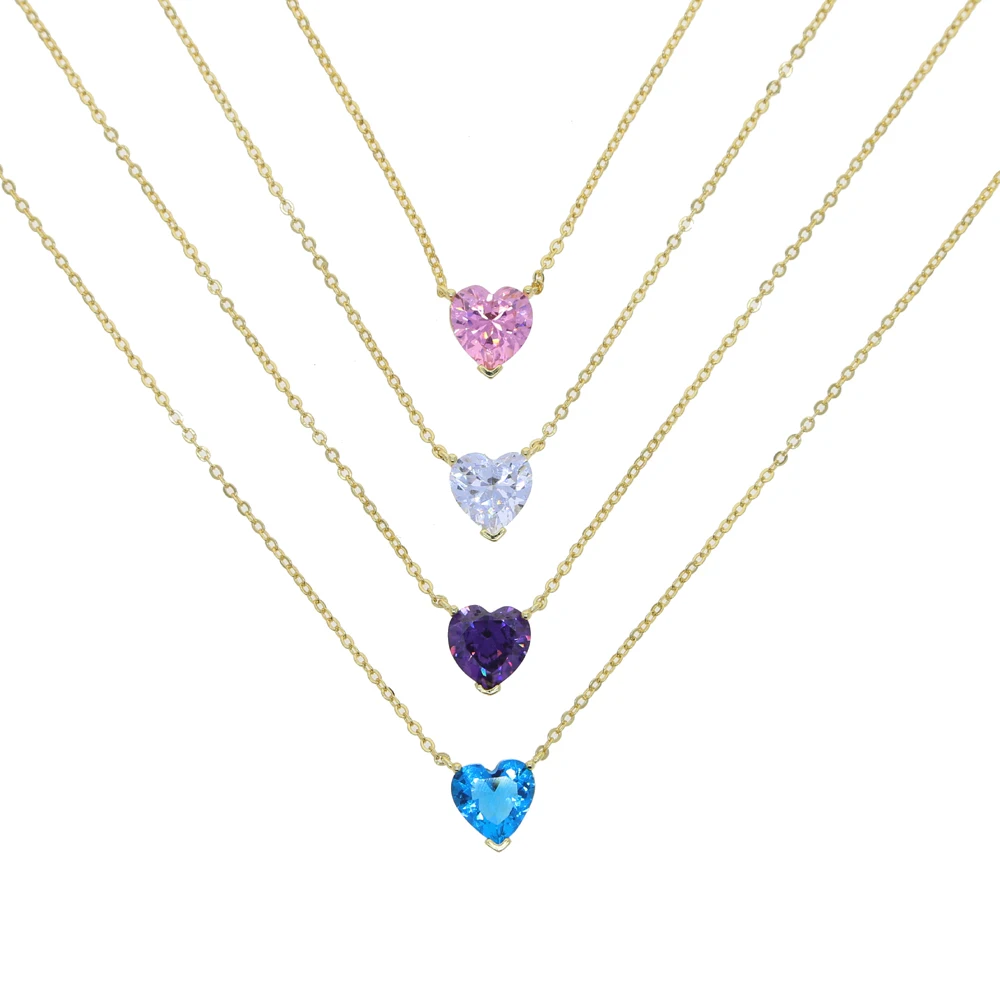 High Quality Summer Fashion Jewelry Simple Geometric Single Heart CZ Paved White Pink Blue Colorful Necklace For Girl Lover Gift