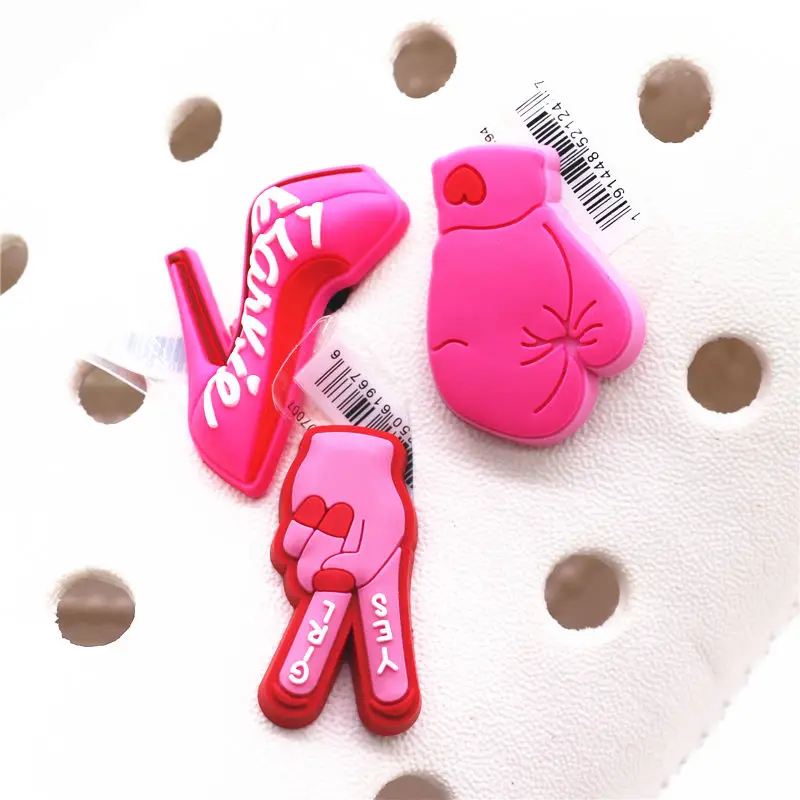 Drop shipping Yes Girl Shoe Charms Accessories Pink High Heels Mitts PVC Sandals Buckle Decoration fit Bracelet Party Kids Gifts