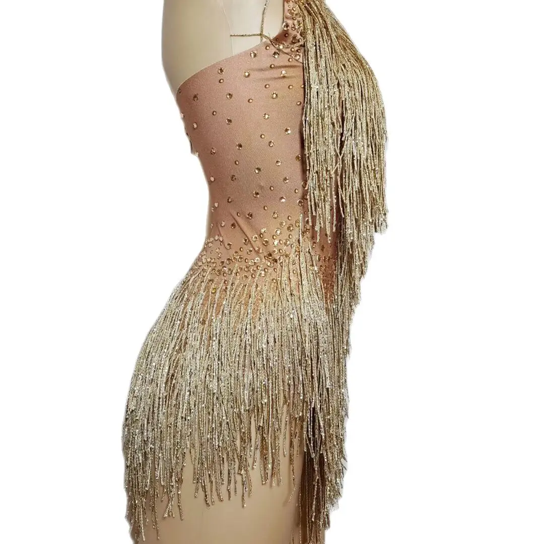 Gold Tassel  Jumpsuits Hollow Out Women Latin Dance Sexy Show Stage Costume Nightclub DJ Outfits Party Prom Rompers