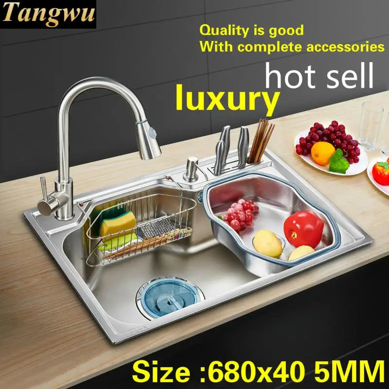 

Free shipping Household vogue luxury kitchen single trough sink 304 stainless steel big standard hot sell 680x450 MM