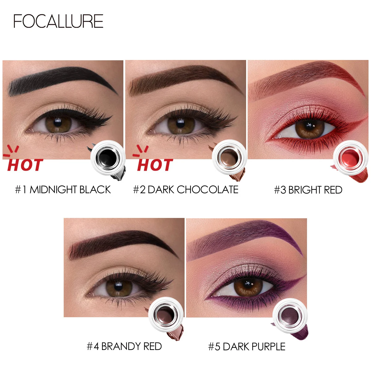 FOCALLURE-Gel eyeliner imperméable et durable, produit cosmétique pour les yeux, pommade, crème, bergame, teint, sculpté, sourcils, avec pinceau, 5