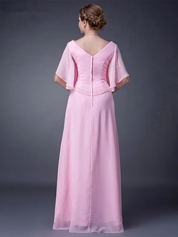 Pink Mother Of The Bride Dresses A-line Half Sleeves Chiffon Beaded Plus Size Long Elegant Groom Mother Dresses Wedding