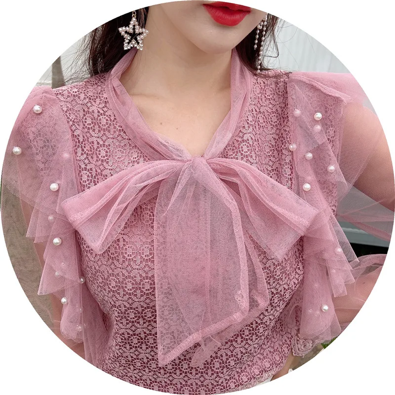 2020 Autumn Women V-Neck Mesh Blouse Sweet Tie Bow Lace Shirt Female Beading Long Sleeve Blouses Ruffles Bottoming Tops AB1848