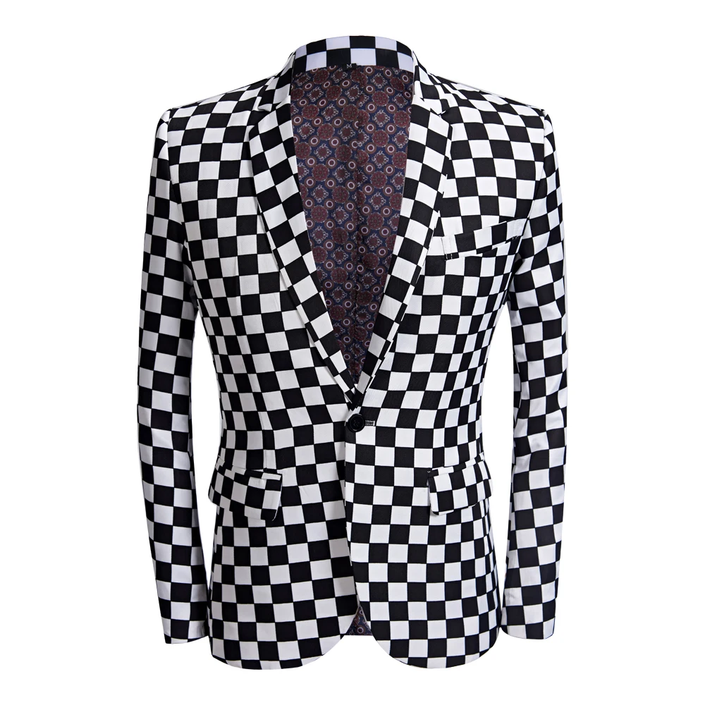 Men Casual Blazer Print Square Black And White grid  Pattern Design Business Fashion Formal Wear Casual Printed Suit Jacket