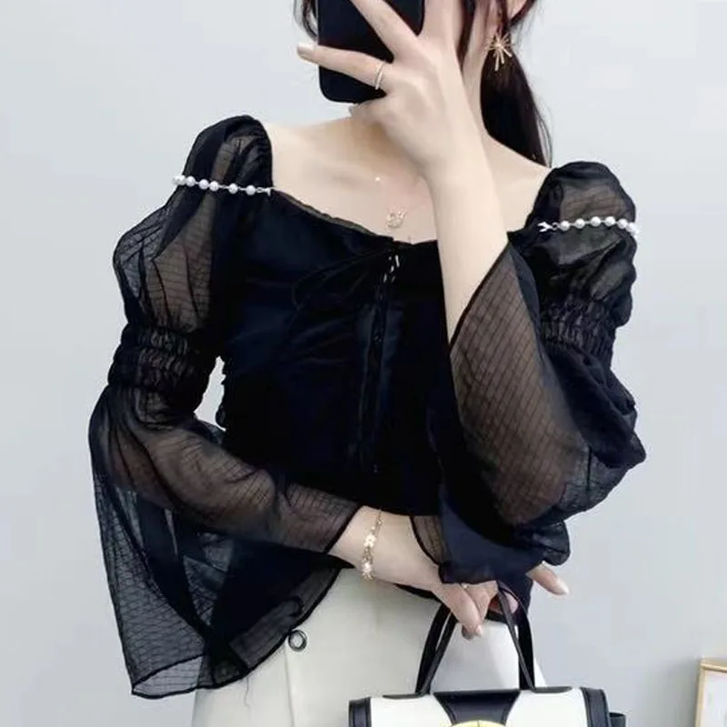 

2021 Autumn Sexy Pearl Beading Slash Neck Chiffon Shirt Women Tops and Blouse Blusas Female Tops Mujer Black Long Sleeve 1448