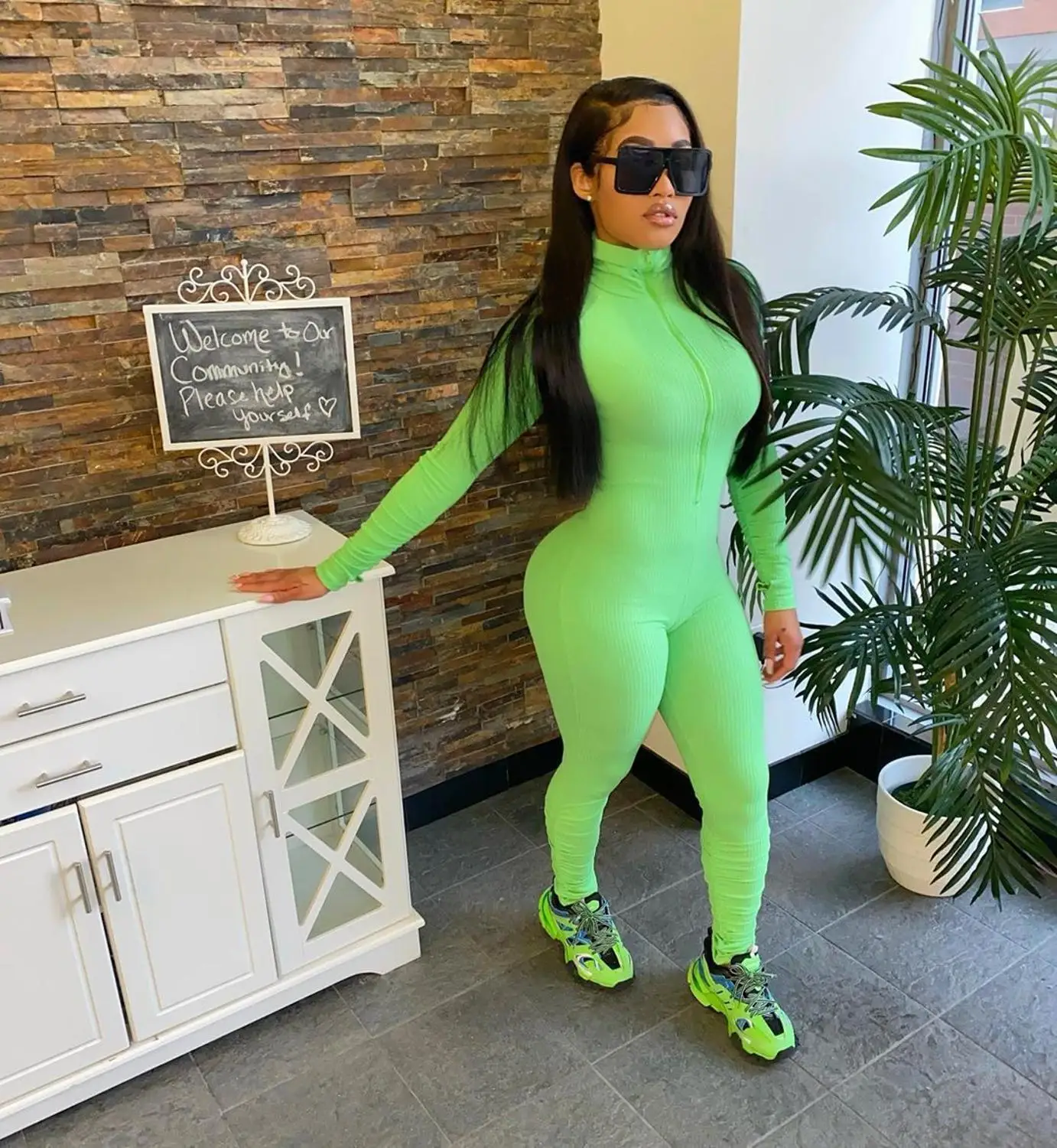 Neon Knit Rib Bodycon Stacked Leggings Jumpsuit Grey Fitness Sportswear Zipper Long Sleeve Turtleneck Rompers Womens Jumpsuit