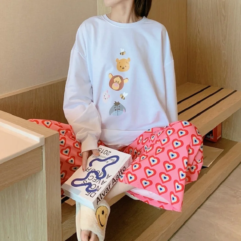 Pajamas Cartoon Cute Pooh Long-sleeved Pajamas Spring And Autumn Women\'s New Casual Loose  Round Neck Home Wear Outer Wear