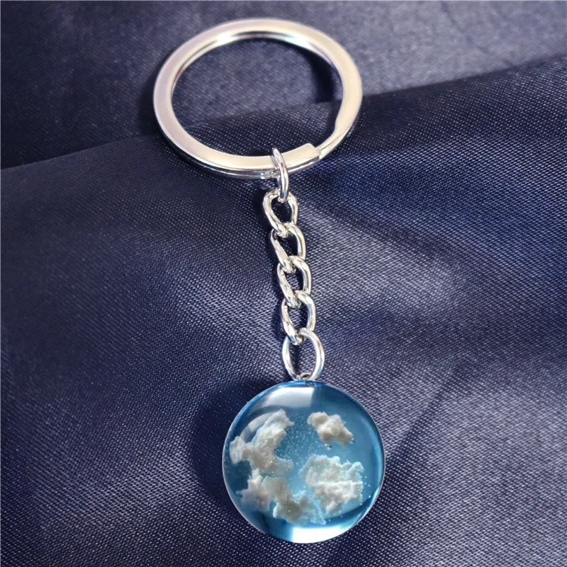 Chic Transparent Resin Rould Ball Moon Pendant Keychain Women Blue Sky White Cloud Chain Key Rings Holder Gifts For Friends