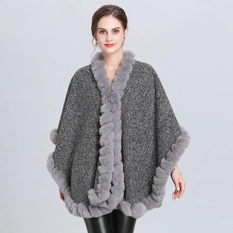 SWYIVY-Poncho cape en fourrure de renard pour femme, grand col en gel, pardessus en cachemire tricoté Everak, robe de soirée en fourrure, châle enveloppant, nouvelle mode, hiver