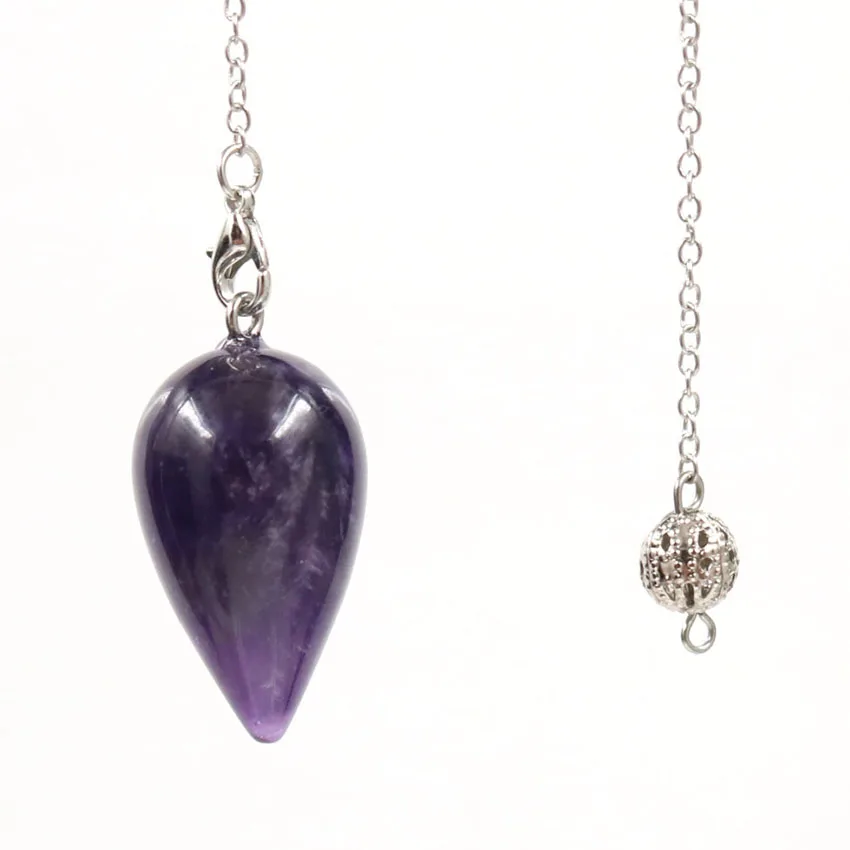 

Silver Plated Tear Drop Amethysts Stone Pendant with Metal Ball Chain Rock Crystal Pendulum Jewelry