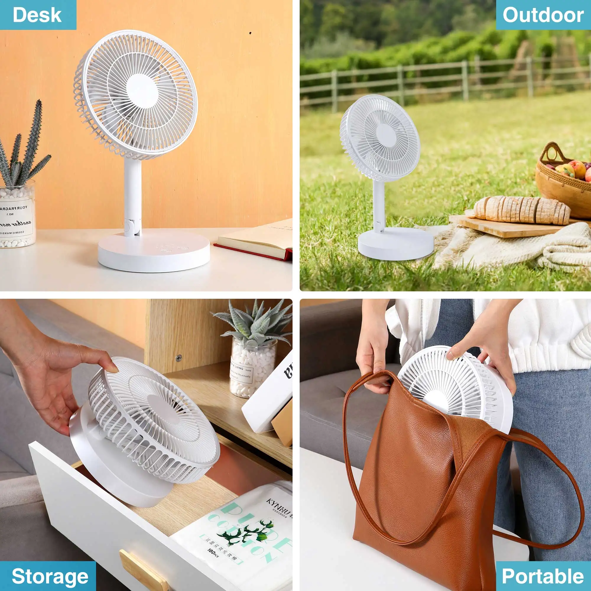 KASYDoFF Rechargeable USB Table Fan ,7200mAh Portable Mini stand Fan Cooling Small Foldable fan for Desk Home Office and bedroom