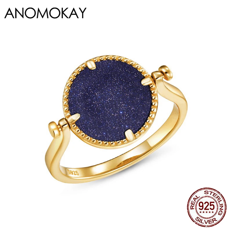 

Anomokay New Creative Blue Sand Rotate Gold Color Rings 100% Sterling 925 Silver Resizable Ring for Women Jewelry Gift