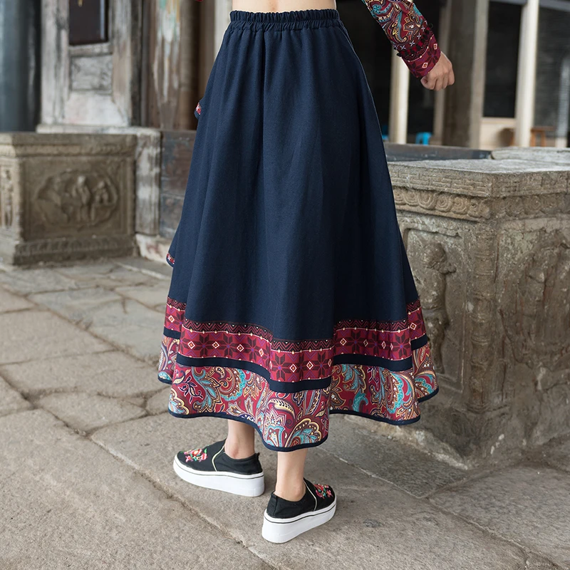 2023 New Cotton Linen Embroidery Women Skirt Ethnic Style High Waist Patchwork Skirts Womens Vintage Midi Mori Girl Skirts