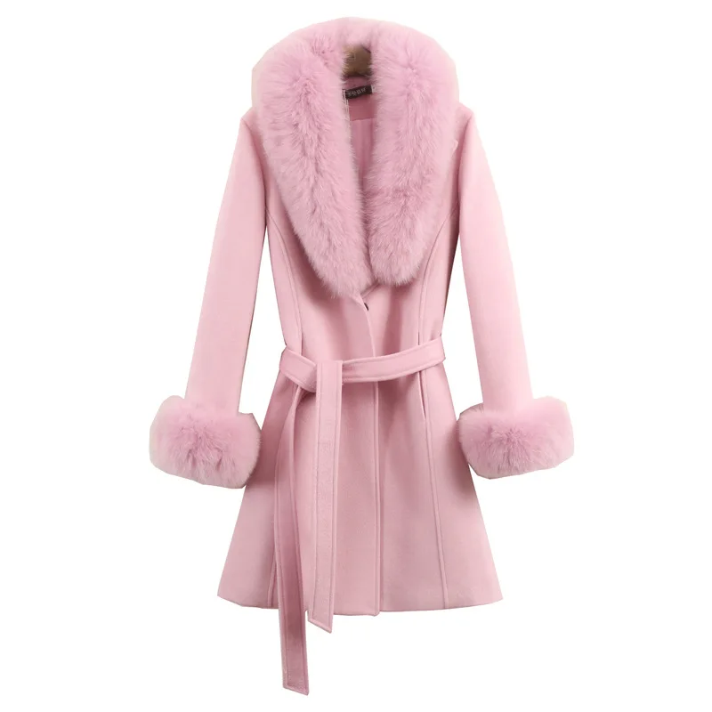 Autumn Winter Women\'s Woolen Coat New Fashion Fur collar Mid Long Outerwear Slim Large Size Pink Red Wool Coat Women Clothing