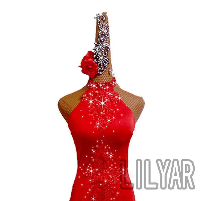 Ballroom  Standard Competition  Show  Custom New Adult Red Embroidery Slim Dance Dress