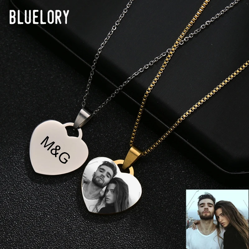 Bluelory Custom Laser Engraved Name Photos For Lovers Family Friend Stainless Steel Heart Necklace Unique Personalized Jewelry